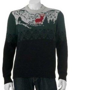 Mens Sweater Dockers Green Black Moose Small Crewneck Long Sleeve Winter Holiday